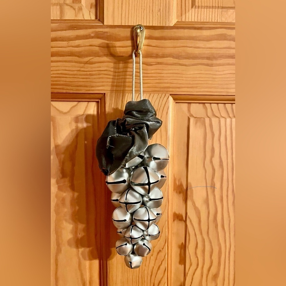 Vintage Silver Sleigh Bell Grape Cluster Door Hanger Christmas Decor Gray Bow